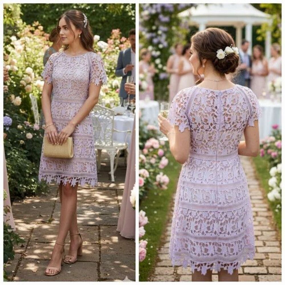 NWT Eliza J Dress Womens 8 Purple Floral Crochet Lace Sheath Mini Short Sleeve